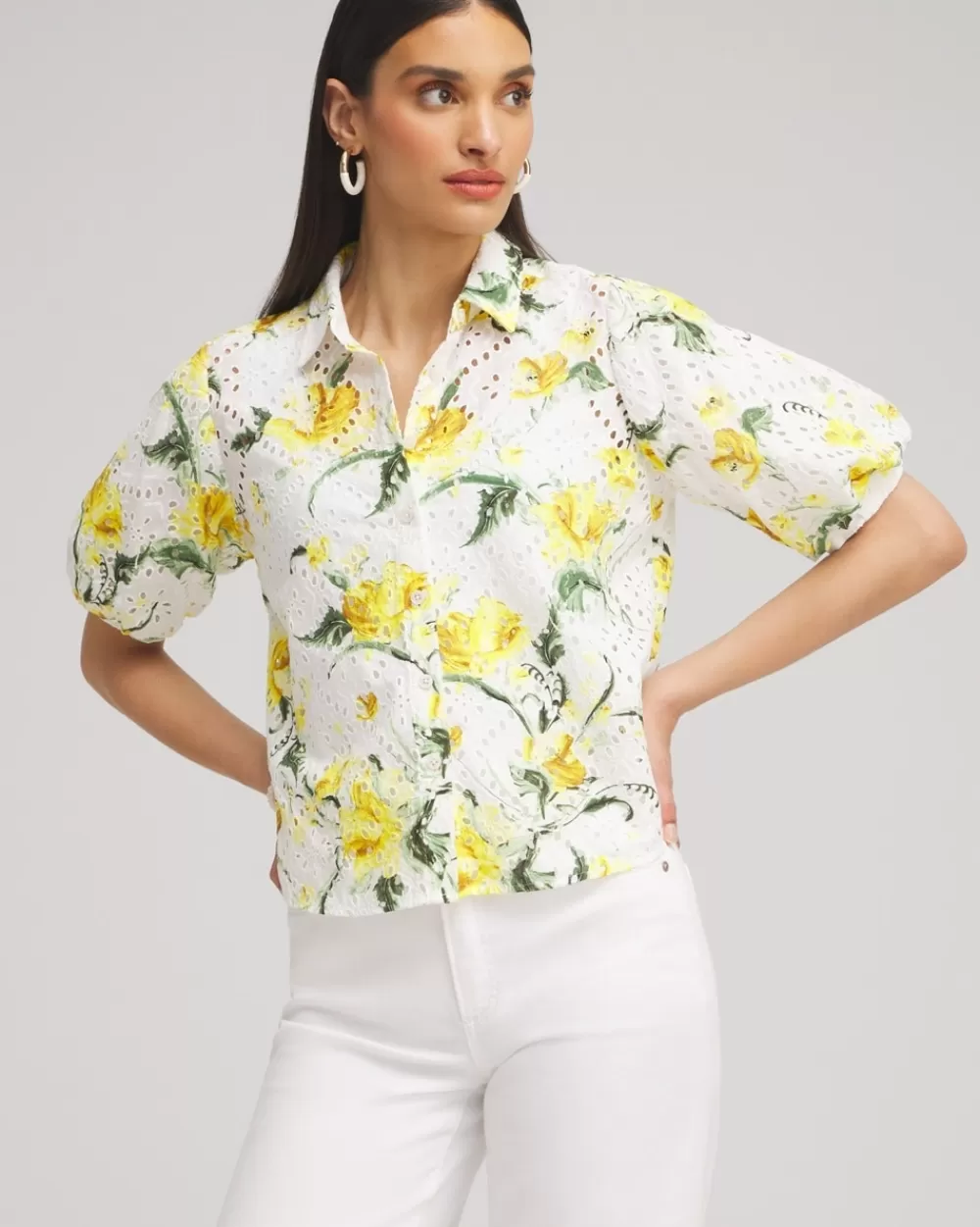 Store Floral Eyelet Shirt Tops