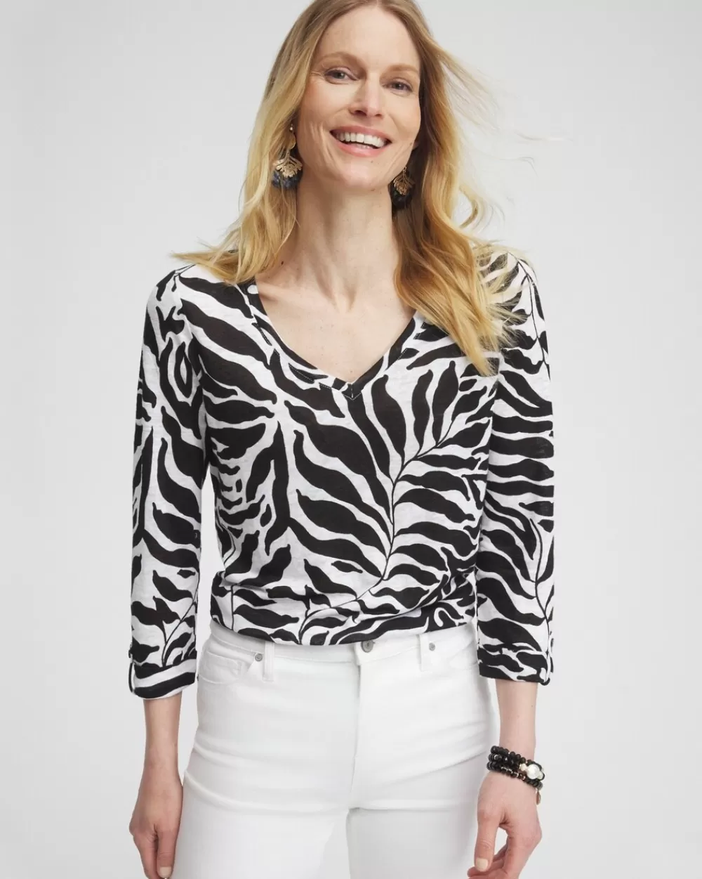 Hot Linen Bi-Color Palms 3/4 Sleeve Tee Tops