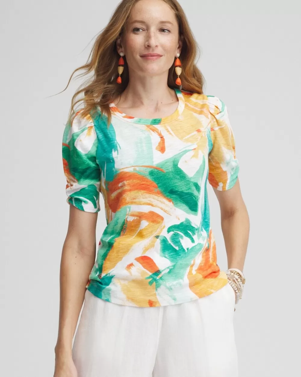New Watercolor Gathered Elbow Sleeve Tee Tops
